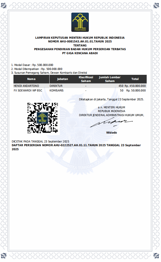 PENGESAHAN PENDIRIAN BADAN HUKUM PERSEROAN TERBATAS GIGA KENCANA ABADI